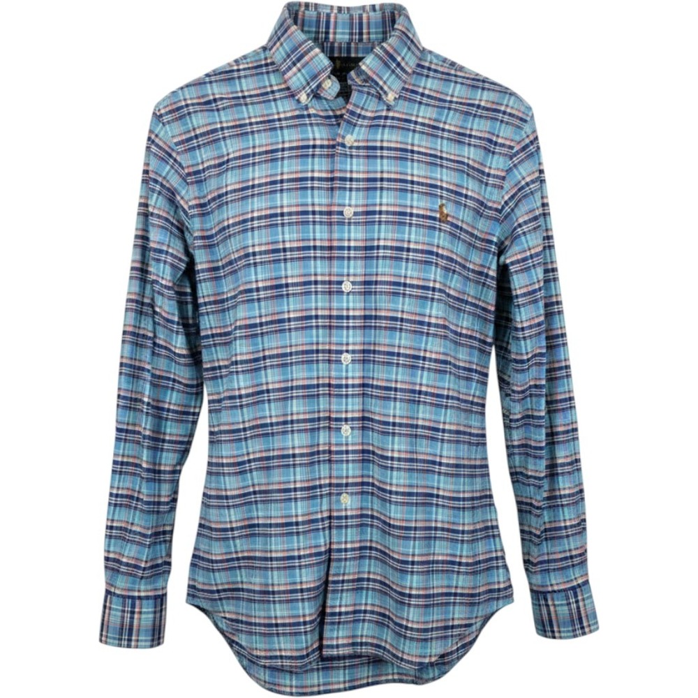 Polo Ralph Lauren Mens Slim Fit Stretch Oxford Plaid Shirt Blue Orange Small